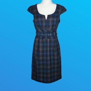 Belted Retro Dark Blue Plaid Dress
